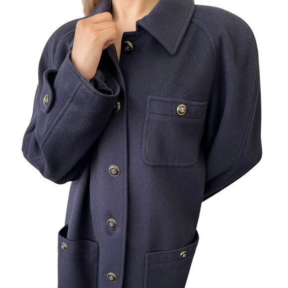 CHANEL Vinatage 95A CC Logo Button Coat Jacket #38 Cashmere Dark Blue [106350] - Picture 2 of 12
